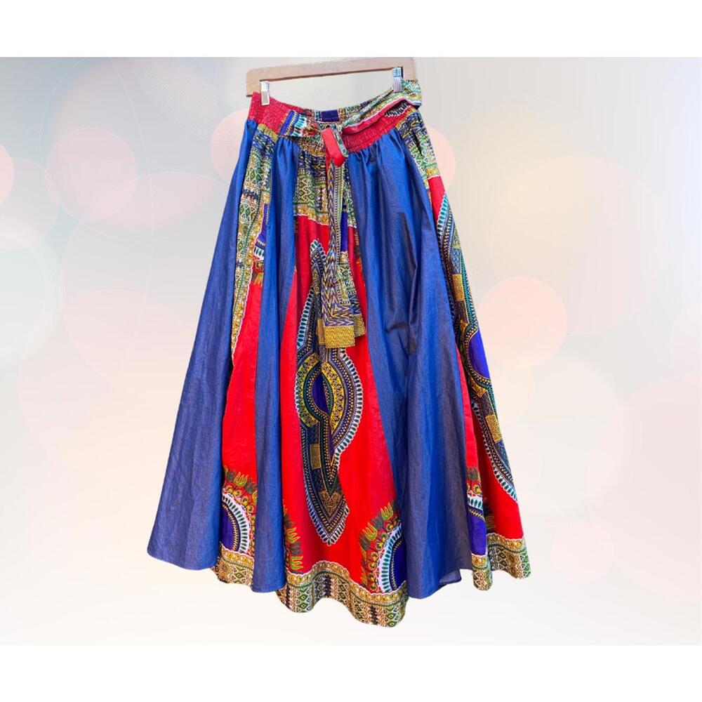Vintage paneled full Skirt with denim + African/ Indain tribal print w pockets L